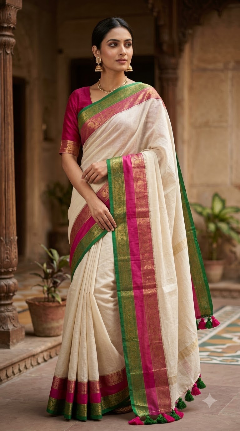 Kerala Kasavu Orange Border — Pure Mulcotton Kanchi border saree in pink & green with zari weaving