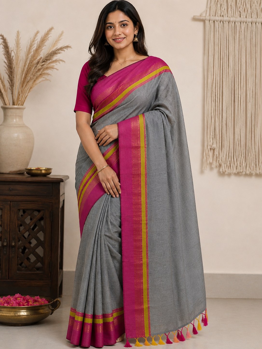 Mul cotton saree — Pure Mul cotton grey saree with pink border with zari