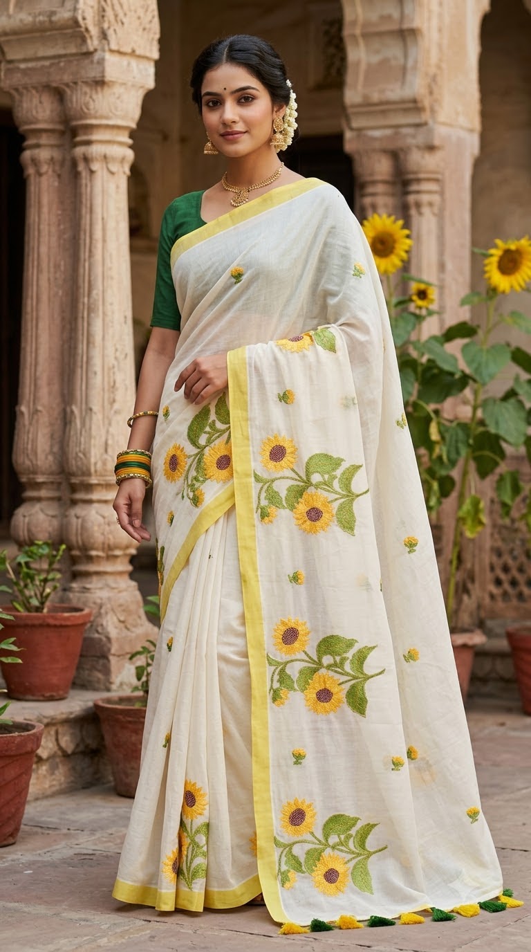 Mul Cotton Sunflower in white in White — Pure Mul cotton Saree with hand embroidery