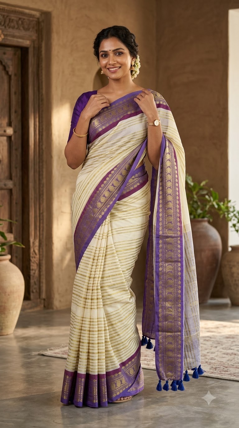 Kasavu Onam Classic — Pure mul cotton with kanchi border and zari weaving