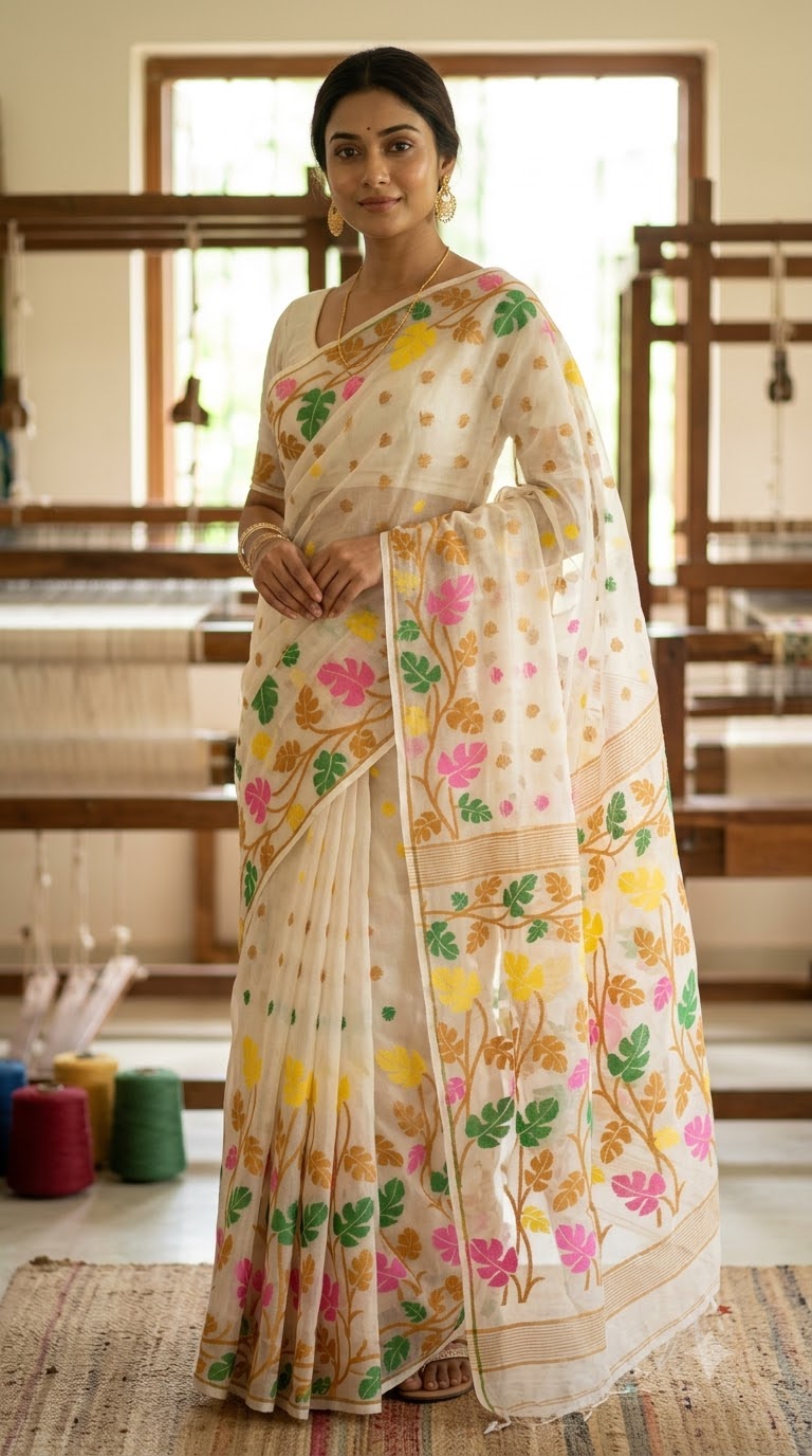 Pookalam White Jamdani Saree — Handwoven white Jamdani with fine motif weave