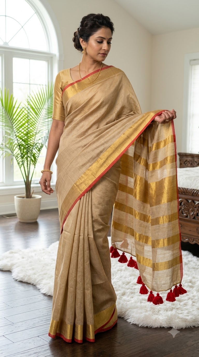 Thiruvonam Gold Tissue — Tissue silk with zari border