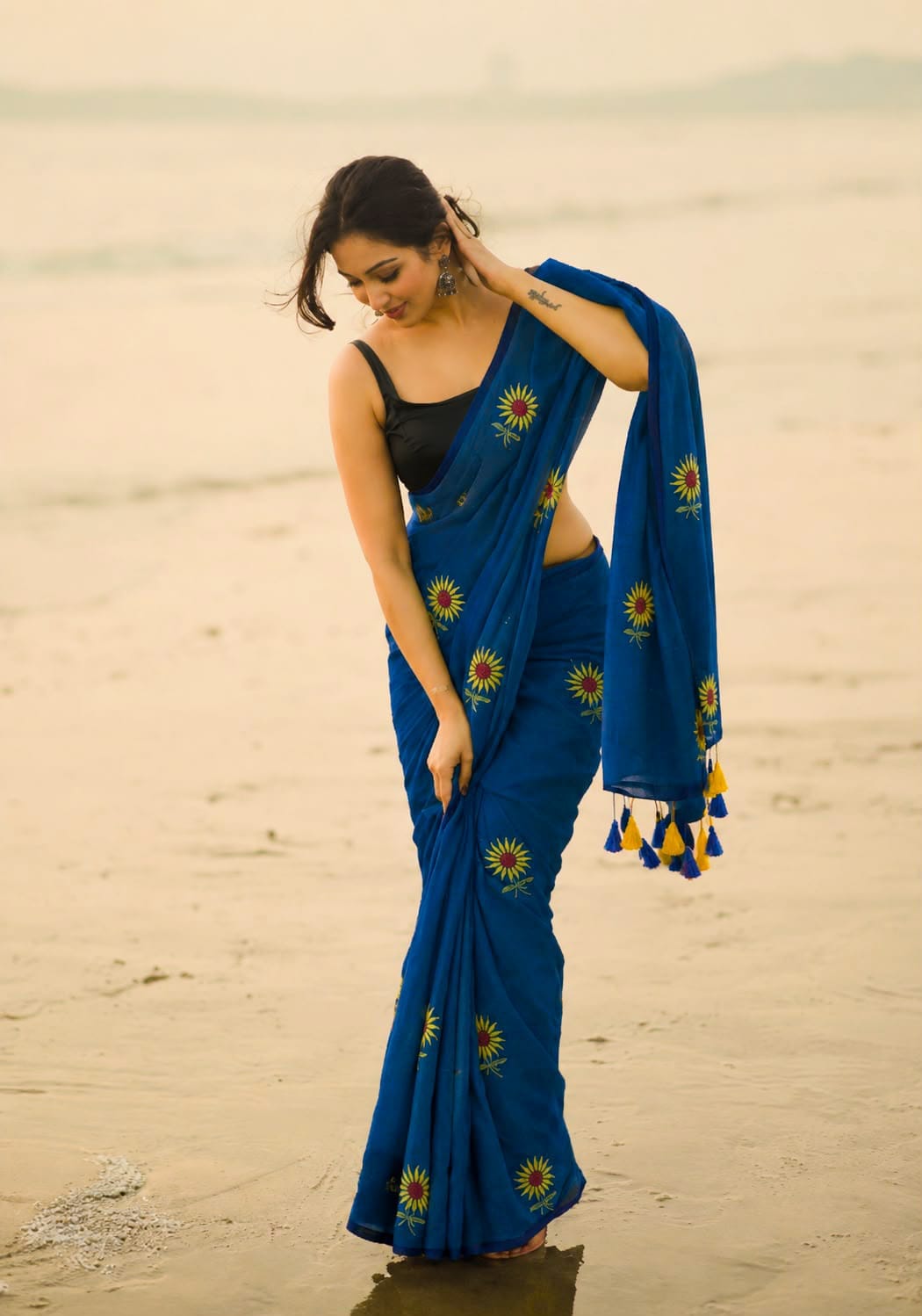 Mul Cotton Sunflower Saree in Blue — Pure Mul cotton Saree in hand embroidery