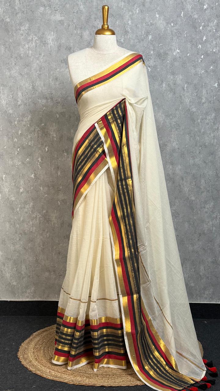 Kerala Mul Cotton Kanchi Border — Pure Mul cotton with zari border saree in Kerala style