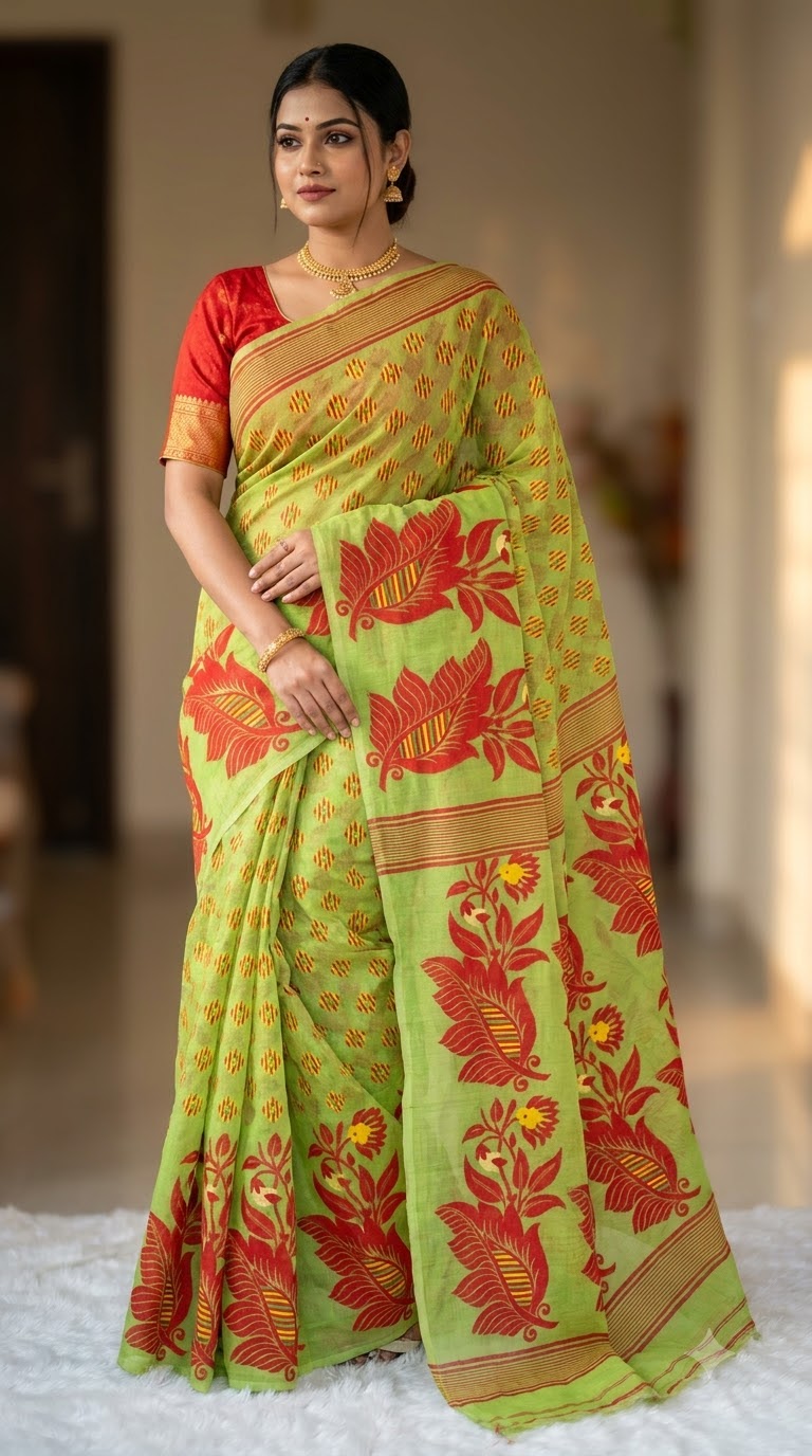 Pure Cotton Jamdani — Pure cotton Jamdani with heavy border and Zari weaving with blouse