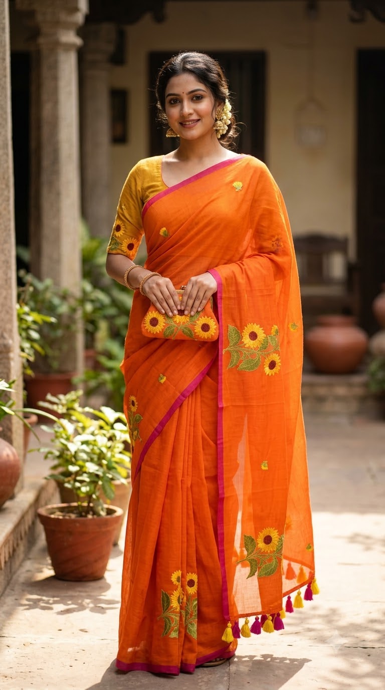 Mul Cotton Sunflower Sarees in Orange — Pure Mul cotton Saree with hand embroidery