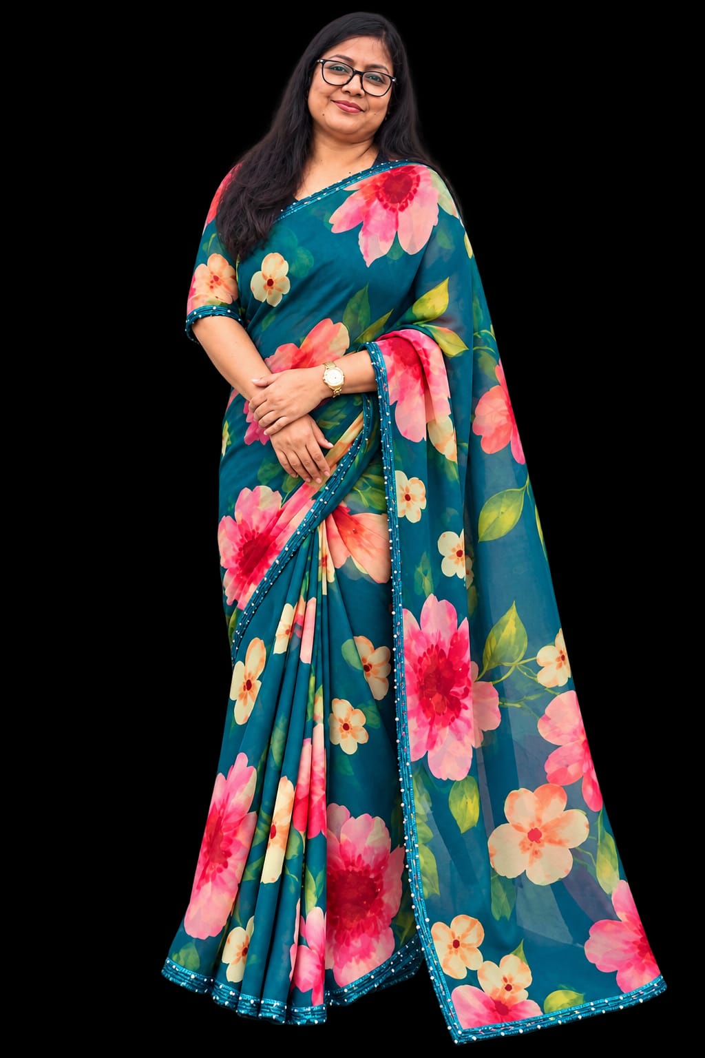 Soft Georgette Floral Saree in Sapphire Green — Soft georgette with watercolour floral print and pearl-lace border