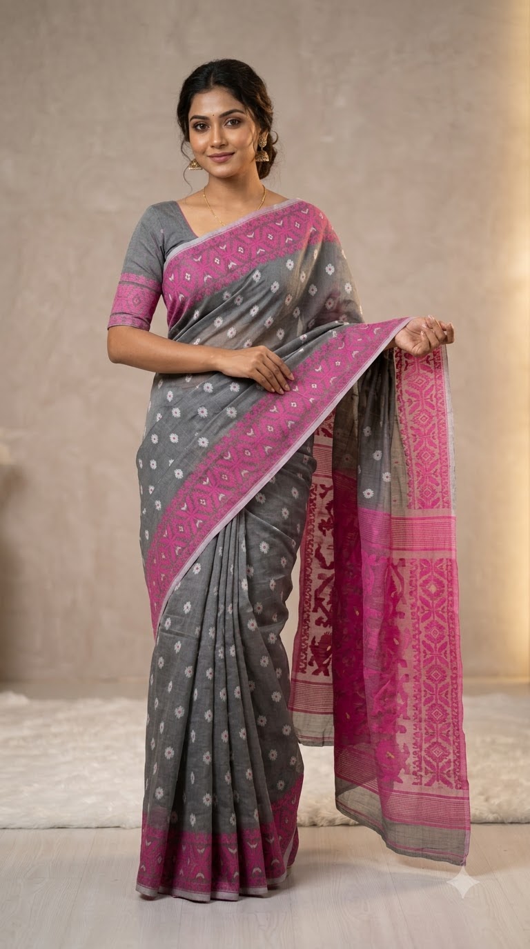 Pure Cotton Jamdani with zari weaving in Ash — Pure Cotton Jamdani saree with heavy pallu and zari weaving