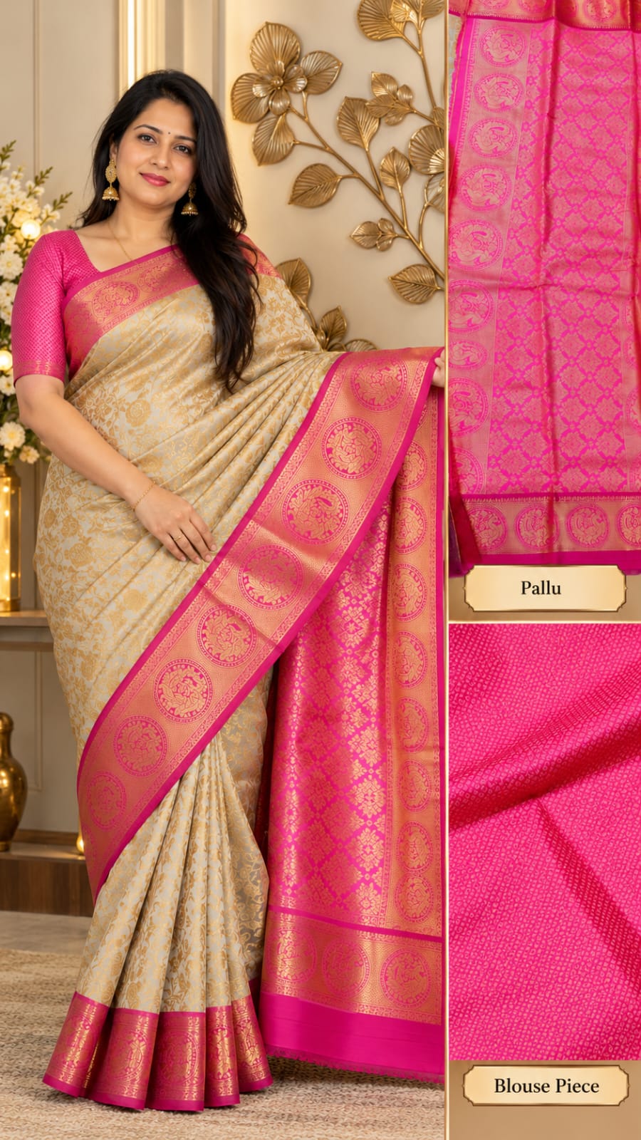 Semi Dharmavaram Silk Saree — Beige in Beige — Semi Dharmavaram silk
