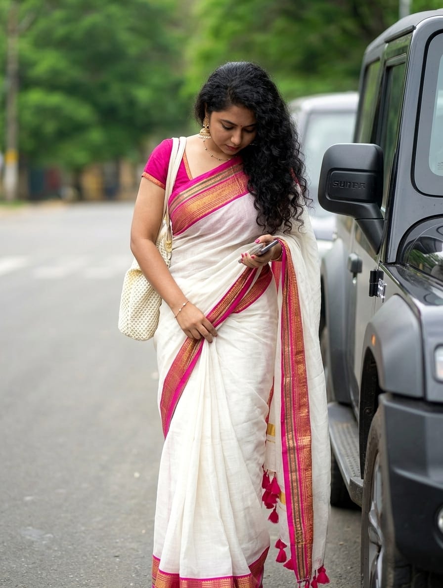 Kerala Kasavu Magenta Border — Pure Mul cotton Kanchi border saree in kerala style