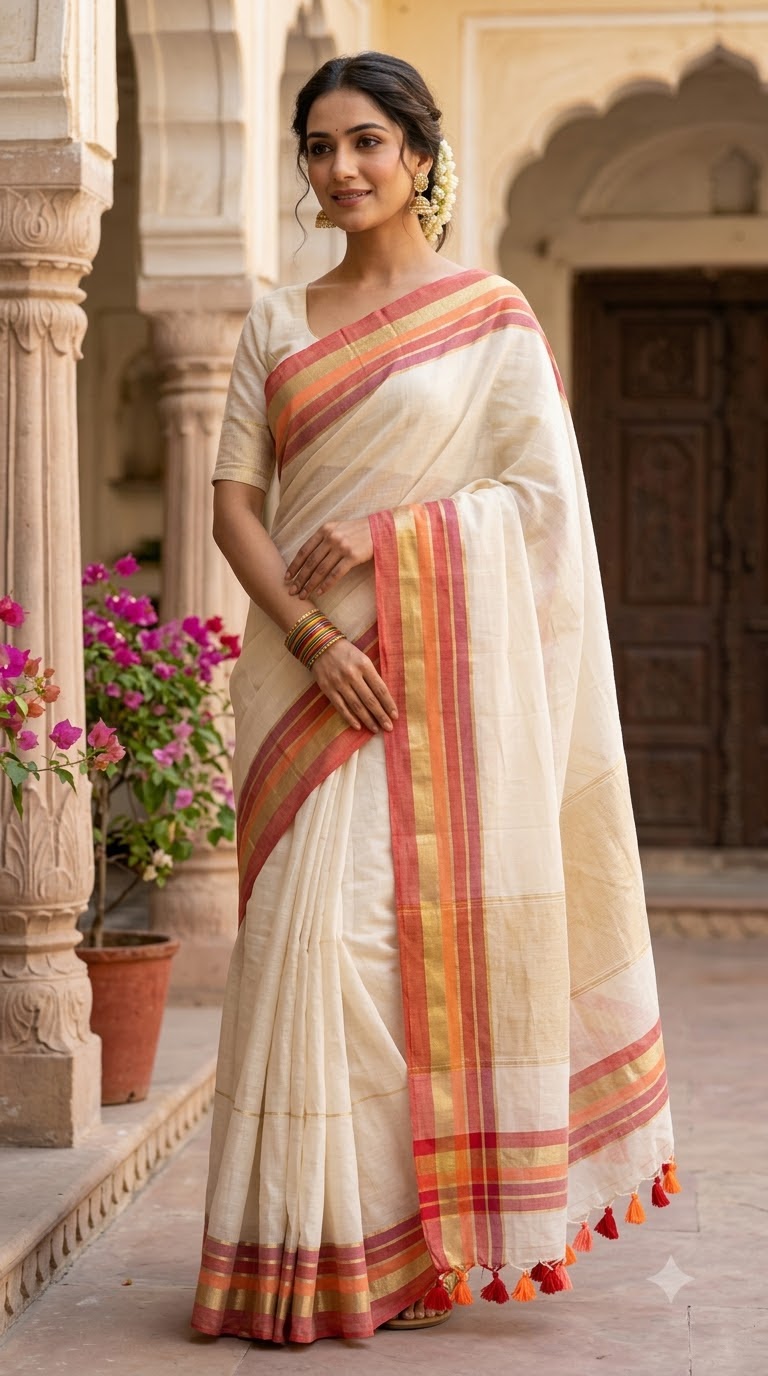 Onavillu Silk Kasavu — Pure mul cotton with kanchi zari border in pink & green border
