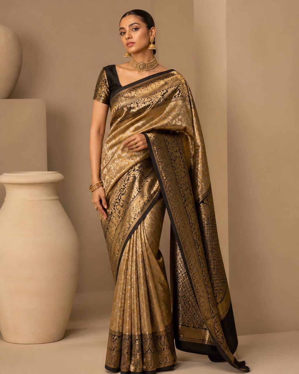 Royal Ink Kanjeevaram — Double-warp silk, temple border