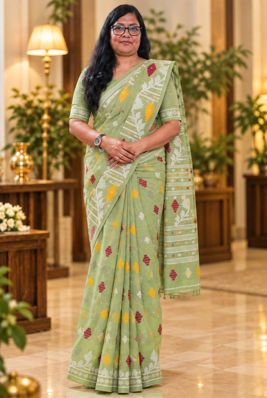 Jamdani cotton in Pista Green — Pure cotton jamdani sarees